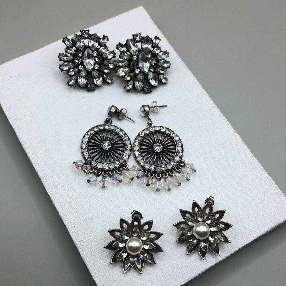 Bundle lot 3 silver tone bejeweled statement dressy dress up glam earrings.